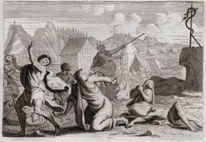 Bijbel van Royaumont, Oude Testament: Koperen slang. Het volk mopperde tegen God en tegen Mozes, en werd gestraft door vurige slangen; van wie ze gewond waren door een koperen slang, die Mozes had opgericht om door het hele volk gezien te worden. Illustrat door Unknown artist