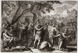 Bijbel van Royaumont, Oude Testament: Broers van Jozef. Jozef laat zijn broers in de gevangenis zetten. Illustratie uit 1811.
