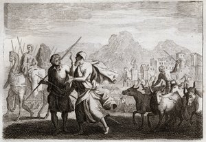 Bijbel van Royaumont, Oude Testament: Roeping van Abraham. God roept Abraham en beveelt hem het land van de Chaldeeën te verlaten om naar een land te gaan dat Hij hem beloofd heeft. Illustratie uit 1811.