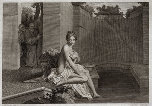 Royaumont Bijbel, Oude Testament: Kuisheid van Susanna. Twee ouderlingen, rechters van het volk, proberen de kuisheid van Susanna te corrumperen terwijl ze alleen in haar tuin was en een bad nam. Illustratie uit 1811. door Unknown artist
