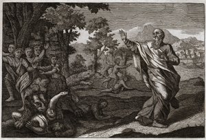 Royaumont Bijbel, Oude Testament: Kinderen verscheurd door beren. Kinderen die de kaalheid van Elisa bespotten worden verscheurd door beren. Illustratie uit 1811.