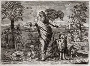 Bijbel van Royaumont, Oude Testament: Schepping van de Wereld. God haalt Hemel en Aarde uit het niets, en in zes dagen versiert Hij het en bevolkt het met wezens van allerlei soorten. Illustratie uit 1811.