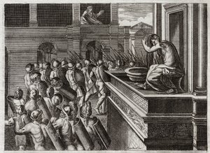 Royaumont Bijbel, Oude Testament: Misdaad van David of Bathseba in het bad. David zag Bathseba van verre, de vrouw van Uria de Hethiet, baden, en kreeg een slechte begeerte naar haar, en doodde toen haar man Uria. Illustratie