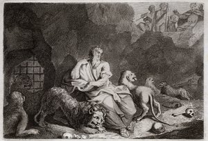 Bijbel van Royaumont, Oude Testament: Daniël in de leeuwenkuil. Daniël wordt in de leeuwenkuil gegooid en wordt wonderbaarlijk gered. Illustratie uit 1811. door Unknown artist