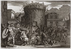Bijbel van Royaumont, Oude Testament: De dood van Abimelech. Abimelech wordt gedood door een vrouw die hem met een steen verplettert bij het beleg van Tebetz. Illustratie uit 1811. door Unknown artist