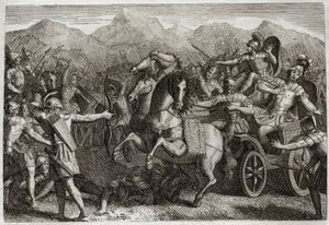 Royaumont Bijbel, Oude Testament: Dood van Achab. Achab voerde oorlog tegen Syrië en werd gedood door een willekeurige pijl. Illustratie uit 1811. door Unknown artist