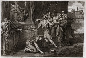 Bijbel van Royaumont, Oude Testament: Dood van Eleazar. De oude heilige Eleazar werd gedood op bevel van Antiochus IV Epiphanes (175-164 v.Chr.), omdat hij niet wilde doen alsof hij verboden vlees at. Illustratie uit 1811. door Unknown artist
