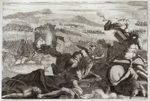Bijbel van Royaumont, Oude Testament: Dood van Judas. Nederlaag van Demetrios I Soter en Nicanor. Dood van Judas Machabee (Maccabee, Macabee) in de strijd. Illustratie uit 1811. door Unknown artist