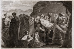 Bijbel van Royaumont, Oude Testament: Dood van Sara. Sara (Sarah) sterft. Abraham koopt een graf uit de stad Geth om haar te begraven. Illustratie uit 1811. door Unknown artist