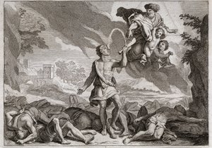 Bijbel van Royaumont, Oude Testament: Nederlaag van de Filistijnen. Simson doodt duizend Filistijnen met een ezelskaak. God laat water uit de kaak stromen zodat Simson zijn dorst kan lessen. Illustratie uit 1811. door Unknown artist