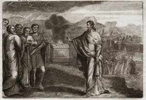 Bijbel van Royaumont, Oude Testament: Nederlaag van de Filistijnen. Samuel offert een brandoffer aan God. Daarna verdedigen de Joden zich tegen de Filistijnen. Illustratie uit 1811.