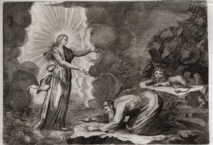 Bijbel van Royaumont, Oude Testament: Bevrijding van Daniël. Daniël, in de leeuwenkuil, wordt wonderbaarlijk gedronken. Illustratie uit 1811. door Unknown artist