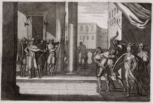 Bijbel van Royaumont, Oude Testament: Dina ging uit nieuwsgierigheid de vrouwen van Sichem (of Sichem) bekijken, en de koning van die stad had haar geweld aangedaan, haar broers namen wraak en doodden alle mensen van Sichem met de koning. Illustratie uit 1 door Unknown artist