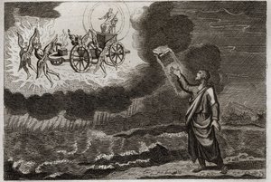 Bijbel van Royaumont, Oude Testament: Ezechiël profeet. De heilige profeet had een visioen waarin de Heer aan hem verscheen op een wagen, gedragen door vier cherubijnen (tetramorf). Illustratie uit 1811. door Unknown artist