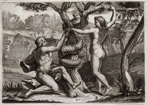 Bijbel van Royaumont, Oude Testament: De Val van Adam. De demon onder de gedaante van een slang spreekt tot Eva en verleidt haar om verboden vrucht te eten: Eva valt en veroorzaakt ook de val van Adam. Illustratie uit 1811. door Unknown artist