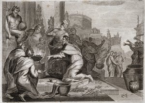 Bijbel van Royaumont, Oude Testament: Val van Salomo. Salomo wordt gecorrumpeerd door vrouwen en offert wierook aan de afgoden van de valse goden. Zijn dood. Illustratie uit 1811.
