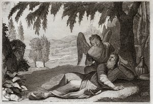 Bijbel van Royaumont, Oude Testament: Vlucht van Elia. Elia vlucht voor de woede van Izebel, die wraak op hem wilde nemen voor de dood van haar valse profeten, en wordt in de woestijn ondersteund door een engel die hem voedsel brengt. Illustratie uit 1811. door Unknown artist