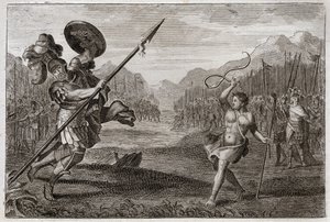 Bijbel van Royaumont, Oude Testament: Reus Goliath. Goliath, Filistijn, van buitengewone grootte, wordt verslagen door David, gewapend alleen met een slinger en een stok. Illustratie uit 1811. door Unknown artist