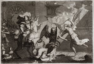 Bijbel van Royaumont, Oude Testament: Heliodorus verjaagt de tempel. Heliodorus, gestuurd door zijn heerser om de Tempel van Jeruzalem te plunderen, werd met stokken geslagen door engelen. Illustratie uit 1811. door Unknown artist