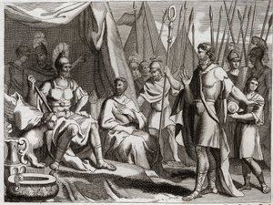 Bijbel van Royaumont, Oude Testament: Holoferne. Generaal van het leger van Nebukadnezar II, Holoferne nadert Judea. Ahior, koning van de Ammonieten, die hem kwam teruggeven, verheft voor Holoferne de macht van de God van de Joden. Illustratie uit 1811. door Unknown artist