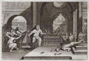 Bijbel van Royaumont, Oude Testament: Afgod van Dagon. En toen de Filistijnen de ark van het verbond in de tempel naast Dagon hun god plaatsten, bracht zij hun afgod ten val en sloeg hen allen met een zeer zware plaag, die hen dwong haar weg te sturen. Ill door Unknown artist