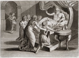 Bijbel van Royaumont, Oude Testament: Isaak zegent Jakob. Isaak, die Esau wilde zegenen, geeft zijn zegen aan Jakob door de wijsheid van Rebekka, aan wie het volgens Gods plan toebehoorde. Illustratie uit 1811.