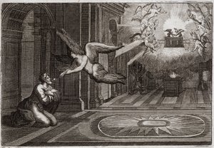 Royaumont Bijbel, Oude Testament: Jesaja profeet. Een serafijn nam met zijn tang een brandende kool van het altaar en raakte de lippen van deze heilige profeet aan om hem van al zijn vlekken te zuiveren. Illustratie uit 1811. door Unknown artist