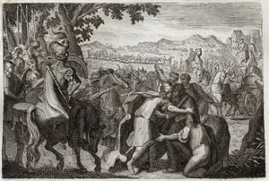Royaumont Bijbel, Oude Testament: Jakob gaat naar Egypte. Jakob gaat Jozef zoeken met zijn hele familie. Illustratie uit 1811. door Unknown artist
