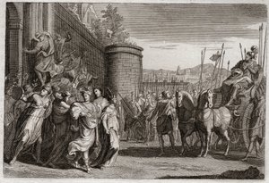 Bijbel van Royaumont, Oude Testament: Jefta offert zijn dochter. Jefta, een van de rechters van Israël, beloofde God de eerste persoon die hem na zijn overwinning tegen de Ammonieten zou ontmoeten te offeren. Het was zijn dochter. Illustratie uit 1811. door Unknown artist