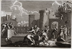 Bijbel van Royaumont, Oude Testament: Herbouw van Jeruzalem. Koning Artaxerxes I stuurde Nehemia naar Jeruzalem met toestemming om alle muren te herbouwen. Illustratie uit 1811. door Unknown artist
