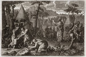 Bijbel van Royaumont, Oude Testament: Joden in de woestijn (of de oogst van manna). God laat veertig jaar lang manna uit de hemel vallen. Illustratie uit 1811.