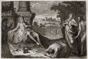 Bijbel van Royaumont, Oude Testament: Job op mesthoop. De heilige man Job wordt verleid door de demon die al zijn bezittingen en kinderen wegneemt, hem met een verschrikkelijke wond slaat en hem alleen zijn vrouw laat om hem ongeduldig te dragen. Illustrat