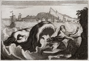 Bijbel van Royaumont, Oude Testament: Jona in de walvis. Profeet Jonas leeft in een walvis en komt er levend uit. Illustratie uit 1811. door Unknown artist