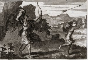 Bijbel van Royaumont, Oude Testament: Jonathan en David. En toen Jonathan de bitterheid van zijn vader zag, waarschuwde Saul hem om zich terug te trekken. Illustratie uit 1811.