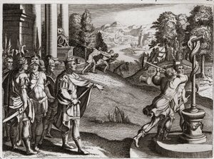 Bijbel van Royaumont, Oude Testament: Koning Ezechias. Ezechias, koning van Juda, wijdt zich aan de aanbidding van God en vernietigt de afgoden die zijn volk voor zijn koningschap aanbad. Illustratie uit 1811.