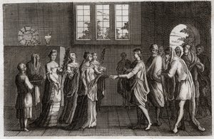Bijbel van Royaumont, Oude Testament: Huwelijk van Isaac. Isaac, zoon van Abraham, trouwt met Rebecca. Illustratie uit 1811. door Unknown artist