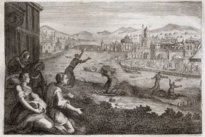 Bijbel van Royaumont, Oude Testament: Vroedvrouwen van Egypte. Farao laat de mannelijke kinderen van de Israëlieten in de Nijl werpen. Illustratie uit 1811. door Unknown artist