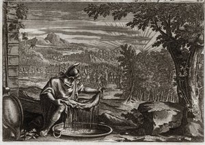 Bijbel van Royaumont, Oude Testament: Wonder van de Vacht. Gideon verkreeg van God het wonder van de vacht als bewijs dat hij hem had gekozen en dat hij hem de bevrijder van zijn volk zou maken. Illustratie uit 1811. door Unknown artist