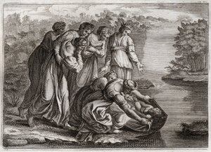 Royaumont Bijbel, Oude Testament: Mozes redt wateren. De dochter van de farao haalde Mozes uit de wateren van de Nijl en adopteerde hem als haar zoon. Illustratie uit 1811. door Unknown artist