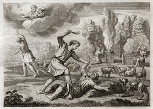 Bijbel van Royaumont, Oude Testament: Moord op Abel. Kaïn draagt zijn broer met afgunst tegen Abel, neemt hem mee naar het platteland alsof hij gaat wandelen, en doodt hem. Illustratie uit 1811. door Unknown artist