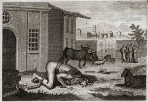 Bijbel van Royaumont, Oude Testament: Nebukadnezar verandert in een beest. Koning Nebukadnezar II wordt door een rechtvaardige straf voor zijn trots in een beest veranderd. Illustratie uit 1811. door Unknown artist