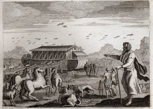 Bijbel van Royaumont, Oude Testament: Ark van Noach. God, boos over de overtredingen van de mensen, besluit iedereen te straffen met een zondvloed; en om Noach, die rechtvaardig was, te redden, beveelt Hij hem de Ark te maken. Illustratie uit 1811.