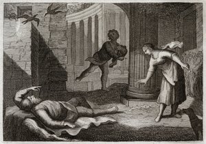 Bijbel van Royaumont, Oude Testament: Oude Tobit verliest zijn zicht. De heilige man Tobit verliest zijn zicht en verdraagt dit kwaad met uiterste geduld. Illustratie uit 1811. door Unknown artist