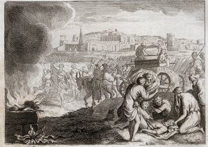 Bijbel van Royaumont, Oude Testament: Oza wordt door God getroffen. David wil de Ark van het Verbond naar huis brengen. Oza sterft omdat hij zijn hand uitstrekt om de ark tegen te houden. Illustratie uit 1811