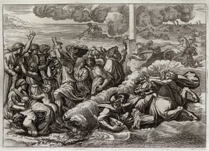Bijbel van Royaumont, Oude Testament: Farao verdrinkt in de Rode Zee. De doortocht van de Rode Zee door Mozes en de Hebreeën, waarbij het leger van Farao verdrinkt. Illustratie uit 1811.