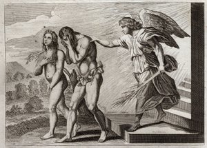 Bijbel van Royaumont, Oude Testament: Straf van Adam. God verdrijft Adam en Eva uit het Paradijs na hun val, en plaatst een cherubijn bij de deur om hun toegang te verdedigen. Illustratie uit 1811. door Unknown artist