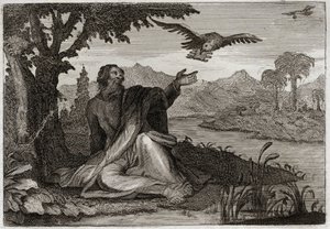 Bijbel van Royaumont, Oude Testament: Raven van Elia. God sloeg de aarde met een driejarige droogte, stuurde de profeet Elia naar een beek, waar twee raven hem voedsel brachten. Illustratie uit 1811.