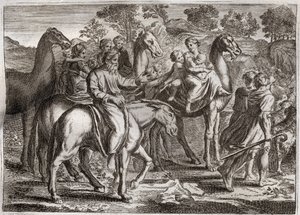 Royaumont Bijbel, Oude Testament: Terugkeer van Jakob. Jakobs terugkeer naar Kanaän met zijn vrouwen, Rachel en Lea, en zijn kinderen. Illustratie uit 1811. door Unknown artist