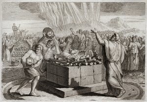 Bijbel van Royaumont, Oude Testament: Offer van Elia. En nadat hij de ware God had bekendgemaakt door het wonder van het vuur dat uit de hemel op zijn offer neerdaalde, beval hij het volk om de vierhonderdvijftig priesters van het afgodsbeeld van Baäl te d door Unknown artist