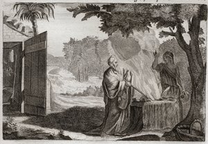 Bijbel van Royaumont, Oude Testament: Offer van Gedeon. Gedeon (Gideon) wordt door God geroepen om de Joden van hun vijanden te bevrijden. Hij brengt een offer op een steen, waaruit een vuur komt dat het verteert. Illustratie uit 1811.